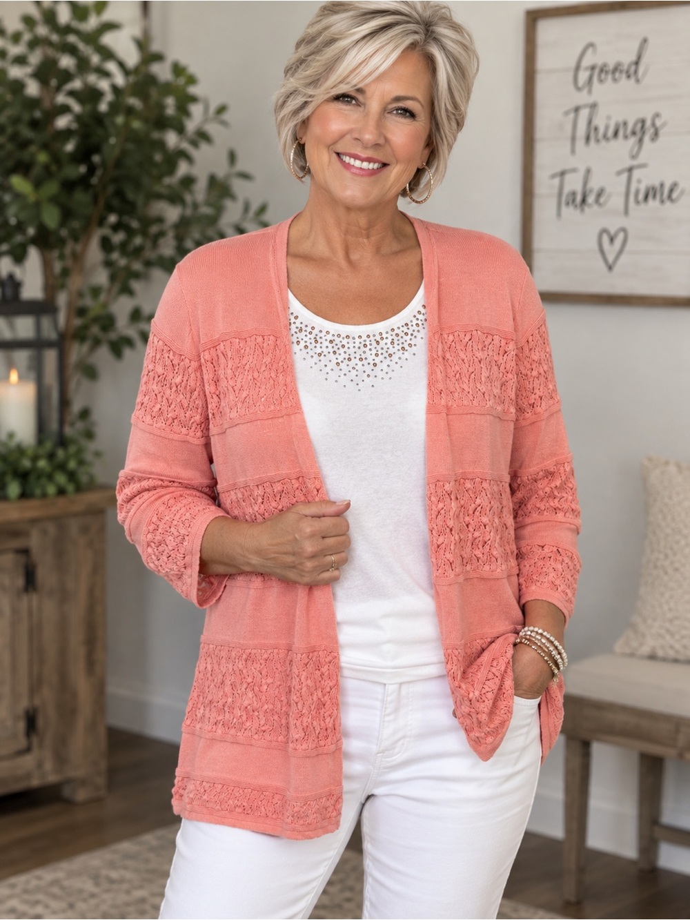 Alfred Dunner Coral Textured Open-Front Cardigan